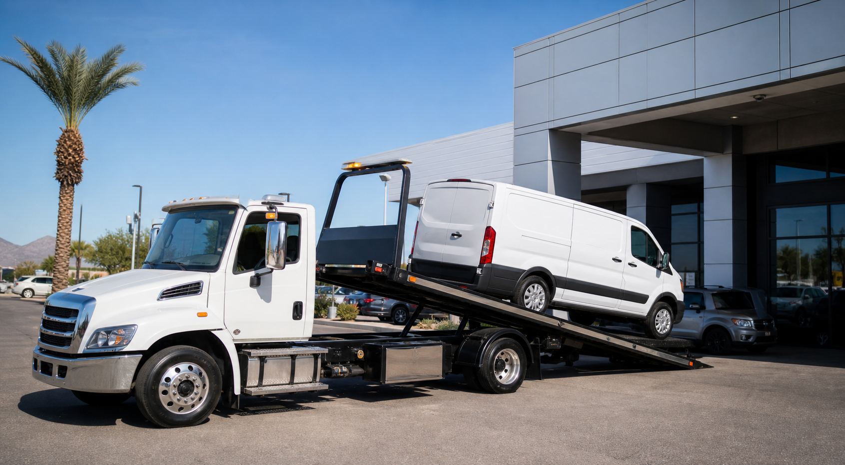 Commercial flatbed tow truck transporting a cargo van